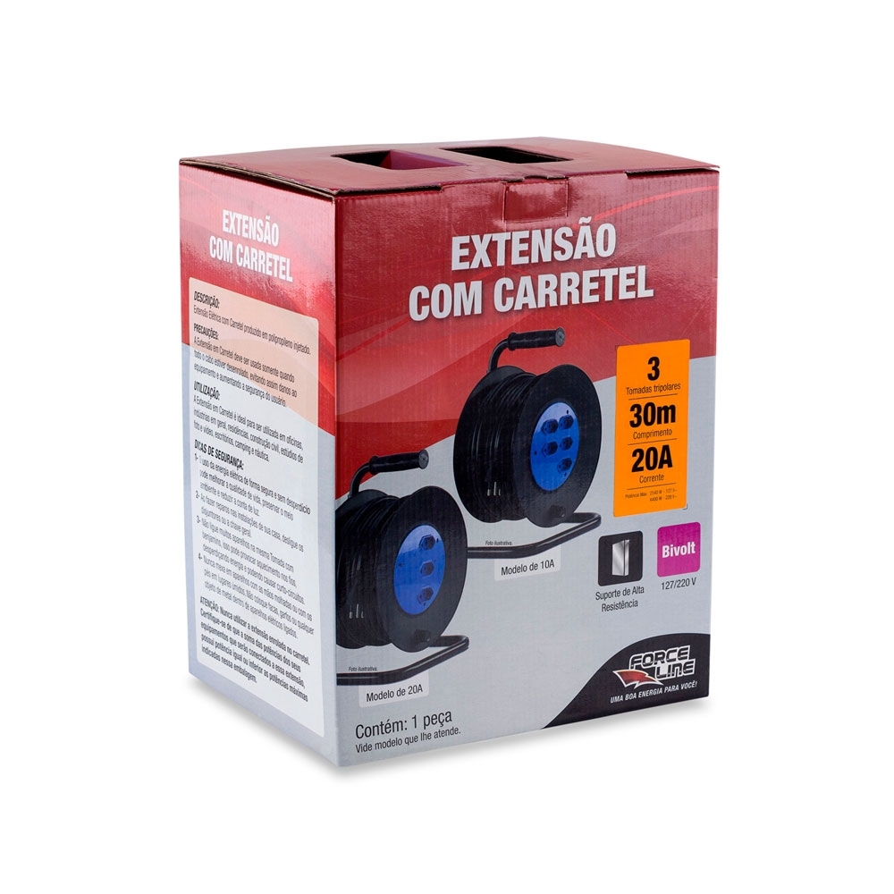 Extensão Tripolar Carretel 20A 30M 3 Tomadas - Force Line